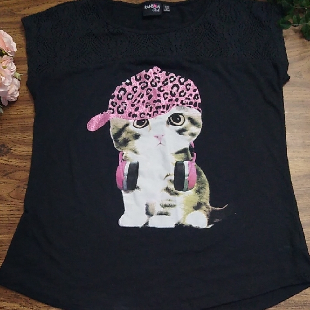 Glittery Cat Graphic Tee Girls Size XL (18)